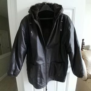 Brown leather reversible hooded fur NWOT coat L/XL